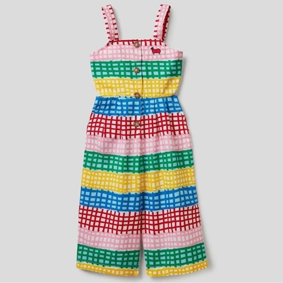 Rainbow Stripped Check Patterned Tank Jumpsuit Sheep Patch Cottagecore Summer - Picture 1 of 15